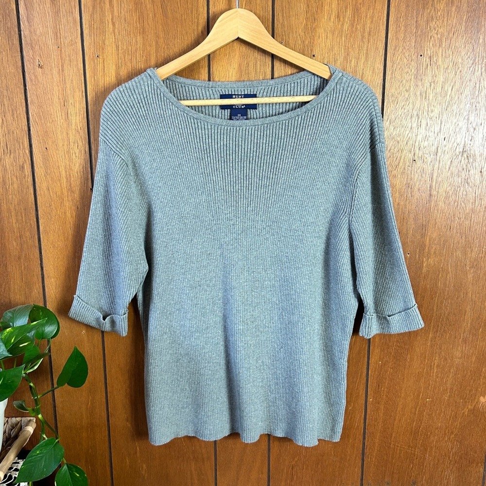 Hunt Club Ribbed Knit Boat Neck 3/4‎ Sleeve Sweater Top Plus Size 2X Grey